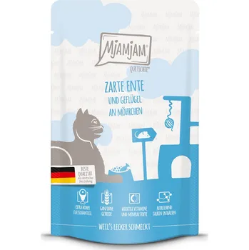 Krmivo pro kočku MjAMjAM Quetschie jemné kachní maso & drůbež na lahodné mrkvi 48x125g