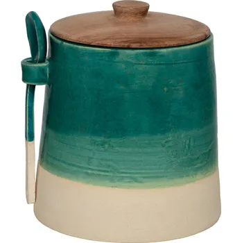 Dóza na potraviny dóza na sypké potraviny 1,25L se lžičkou a dřevěnou pokličkou - kameninový potravinový obal - speciální edice (ruční výroba)