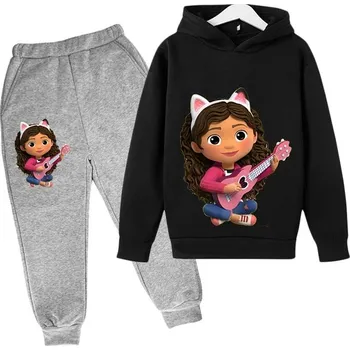 Gabby's Dollhouse Dětská tepláková souprava s potiskem na motivy oblíbeného seriálu "Gabby's Dollhouse" (černá) Barva: černá + šedá, Velikost: 130