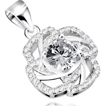 Přívěsek Rhodiovaný přívěsek ze stříbra 925, květ se zirkonem uprostřed, linie zdobené zirkony