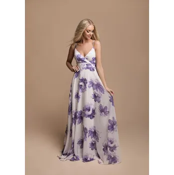 Dámské šaty EVA & LOLA Družičkovské bílé šaty JANE fialové květy Barva: Bílá - Fialová, Velikost: L