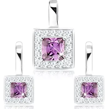 Souprava šperků Stříbrný 925 set náušnic a přívěsku, fialový zirkonový čtverec, čirý lem
