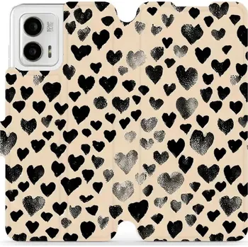 Pouzdro na mobilní telefon Flipové pouzdro Mobiwear - Motorola Moto G73 5G - VA51S Černá srdíčka (Knížkové flip pouzdro, obal, kryt na mobil Motorola Moto G73 5G - VA51S Černá srdíčka, materiál Umělá kůže + TPU - ochrana 360°, stojánek, silikonová vanička, magnetické zavírání)
