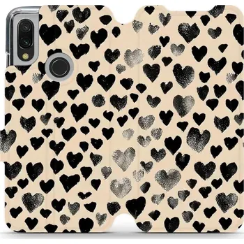 Pouzdro na mobilní telefon Flipové pouzdro Mobiwear - Xiaomi Redmi 7 - VA51S Černá srdíčka (Knížkové flip pouzdro, obal, kryt na mobil Xiaomi Redmi 7 - VA51S Černá srdíčka, materiál Umělá kůže + TPU - ochrana 360°, stojánek, silikonová vanička, magnetické zavírání)