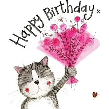 Přání v obálce pink Bouquet, ALEX CLARK, 12*12 cm (Přání s kočkou, kočka)