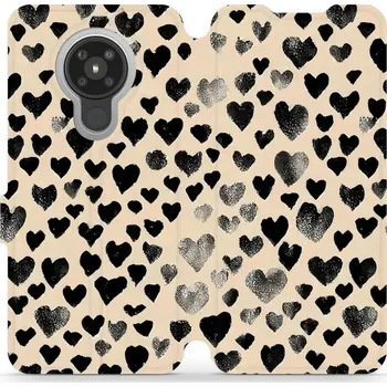 Pouzdro na mobilní telefon Flipové pouzdro Mobiwear - Nokia 5.3 - VA51S Černá srdíčka (Knížkové flip pouzdro, obal, kryt na mobil Nokia 5.3 - VA51S Černá srdíčka, materiál Umělá kůže + TPU - ochrana 360°, stojánek, silikonová vanička, magnetické zavírání)