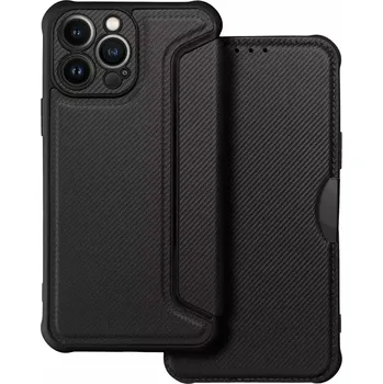 Ultimátní flip pouzdro RAZOR Coolcase Carbon na mobil Apple iPhone 13 Pro Max černé (Flipové knížkové vyklápěcí pouzdro RAZOR Book s designem karbonu na mobilní telefon Apple iPhone 13 Pro Max černé)