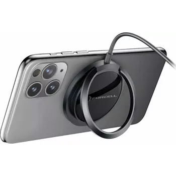 Bezdrátová indukční nabíječka - podložka FORCELL F-ENERGY PowerPod s kroužkem/stojánkem, kompatibilní s MagSafe, černá (Induction charger FORCELL F-ENERGY PowerPod with ring/stand, MagSafe compatible, black)