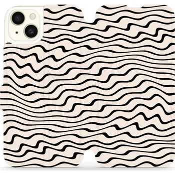 Pouzdro na mobilní telefon Flipové pouzdro Mobiwear - Apple iPhone 15 Plus - VA62S Vlnky na béžové (Knížkové flip pouzdro, obal, kryt na mobil Apple iPhone 15 Plus - VA62S Vlnky na béžové, materiál Umělá kůže + TPU - ochrana 360°, stojánek, silikonová vanička, magnetické zavírání)