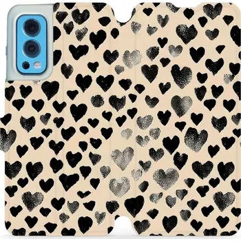 Pouzdro na mobilní telefon Flipové pouzdro Mobiwear - OnePlus Nord 2 5G - VA51S Černá srdíčka (Knížkové flip pouzdro, obal, kryt na mobil OnePlus Nord 2 5G - VA51S Černá srdíčka, materiál Umělá kůže + TPU - ochrana 360°, stojánek, silikonová vanička, magnetické zavírání)