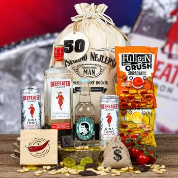 Dárkový potravinový koš Dárkový koš v pytli pro muže, chlapa Gin Beefeater originální dárek pro muže k narozeninám, vánocům, valentýnu Všechno nejlepší