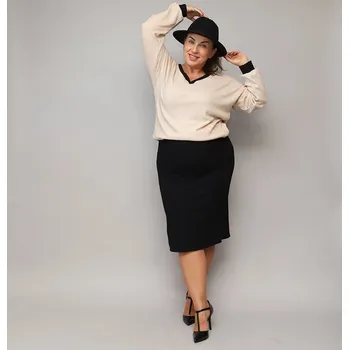 Dámské šaty Béžovo-černé šaty s úpletovou blůzou (682) odstíny béžové XXL (44)