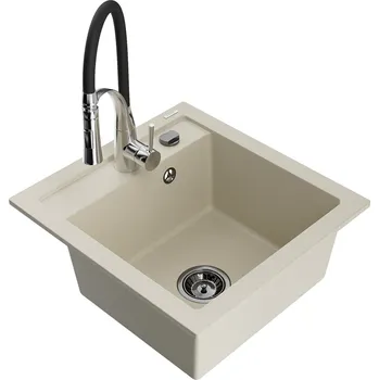 Granitový dřez Mexen Vito 1-miskový granitový dřez s kuchyňskou baterií Aster, béžová 6503-69-73450-07-B