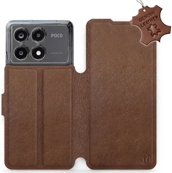 Pouzdro na mobilní telefon Kožené flip pouzdro Mobiwear - Xiaomi Poco X6 Pro 5G - Hnědé (Kožené knížkové pouzdro, obal, kryt na mobil Xiaomi Poco X6 Pro 5G, Hnědé, materiál Genuine Leather, ochrana 360°, stojánek, silikonová vanička, magnetické zavírání)