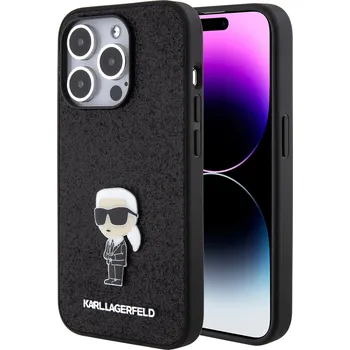 Pouzdro na mobilní telefon Karl Lagerfeld Fixed Glitter Metal Ikonik Kryt se třpytkami pro iPhone 15 Pro Černý