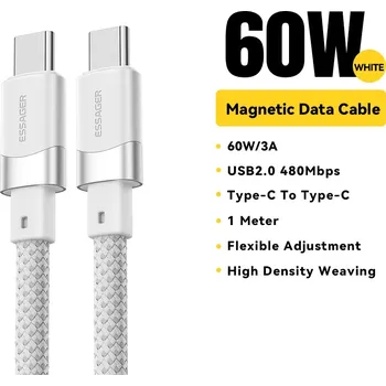Essager Magnetický opletený USB-C / USB-C nabíjecí kabel 1m 60W Barva: Bílá