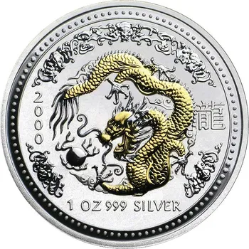 Perth Mint Australian Lunar Series I stříbrná mince 1oz 2000 Year of the Dragon zlacená