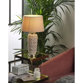 Lampička Lampa na noční stolek béžová a bílá keramika 48 cm vzor pruhy buben odstín tradiční Beliani
