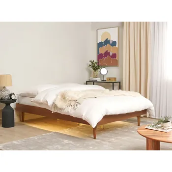 Postel Postel hnědý jasan 140 x 200 cm rám postele bez čela s lamelovým roštem LED světlo minimalistický rustikální styl ložnice Beliani