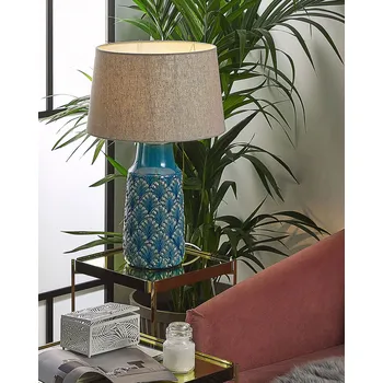 Osvětlení Modrá keramická stolní lampa se šedým stínidlem 55 cm vzory noční lampička Beliani