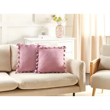 Dekorativní polštářek Sada 2 dekoračních polštářů růžová polyester 45 x 45 cm bez vzoru s bambulkami ručně vyrobené doplňky moderní styl Beliani