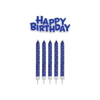 Dortová svíčka Dortové svíčky - Zářivě modré + dekorace Happy Birthday