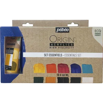 Vodová barva Sada akrylových barev Pébéo Origin Acrylics odstíny Essentials 10 x 60 ml