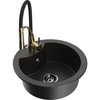 Mexen Diego žulový kuchyňský dřez s 1 komorou a kuchyňskou baterií Aster, černý/zlatý metalický - 6512-75-73450-57-B Granitové dřezy s baterií