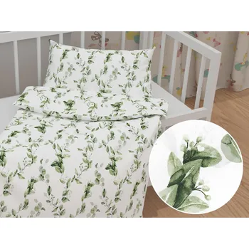 Povlečení Dětské bavlněné povlečení do postýlky Sandra SA-422 Zelené listy na bílém Do postýlky 90x120 a 40x60 cm