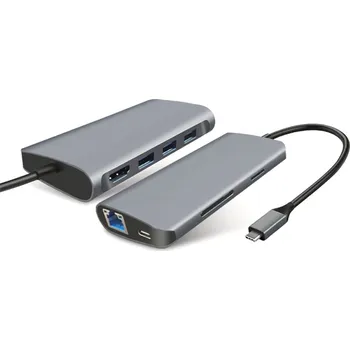 Datový kabel Dokovací stanice / port replikátor pro Apple MacBook - USB-C na USB-C + 3x USB-A + Micro SD + HDMI + VGA - šedá