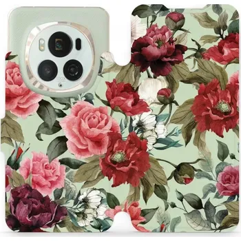 Pouzdro na mobilní telefon Flipové pouzdro Mobiwear - Honor Magic6 Pro - MD06P Růže a květy na světle zelené (Knížkové flip pouzdro, obal, kryt na mobil Honor Magic6 Pro - MD06P Růže a květy na světle zelené, materiál Umělá kůže + TPU - ochrana 360°, stojánek, silikonová vanička,)