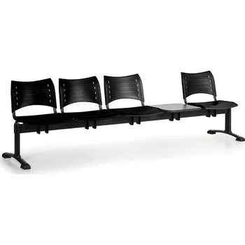 Plastová lavice do čekáren VISIO, 4-sedák, se stolkem, černá, černé nohy