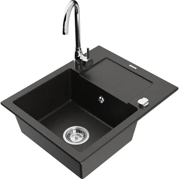 Granitový dřez MEXEN/S - Enzo granitový dřez s odkapávačem včetně baterie Telma, černá/zlatá 6506-75-670200-00