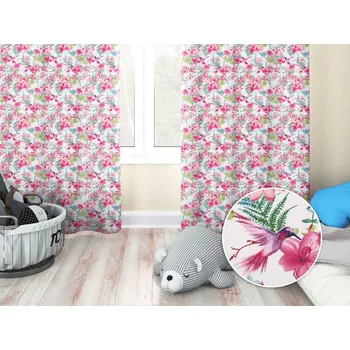 ubrus Dětský bavlněný závěs Sandra SA-493 Kolibříci s růžovými květy na bílém 150x140 cm