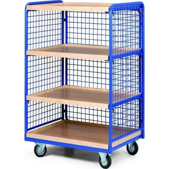 Policový vozík, 4 police s hranou, 3 bočnice s drátěnou výplní, nosnost 200 kg