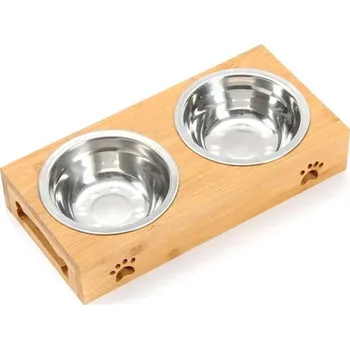 Miska pro psa Nerezová miska na granule nebo vodu pro psy a kočky s bambusovým podstavcem Varianta: podstavec + 2 misky, Velikost: M