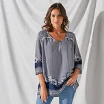 Rozšířená tunika s 3/4 rukávy a potiskem indigo/režná 44