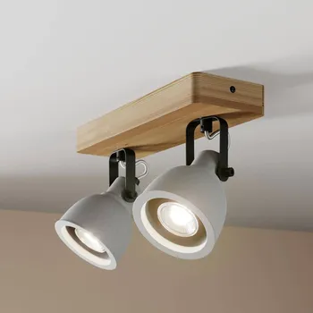 Lampička Lindby Spot Mitis, 30 cm, 2 světla, šedá, dřevo, beton, GU10 šedá, tmavé dřevo 2 x 5 W LED - Doprava zdarma