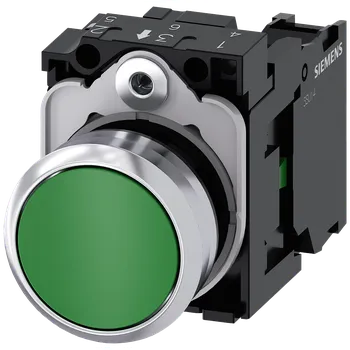 spínač tlačítko, 22 mm, kulaté, kov, s vysokým leskem, zelená, stiskací knoflík, 1 NO