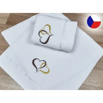 Ručník Luxusní ručník s výšivkou bílý 450g Srdce hnědá/zlatá