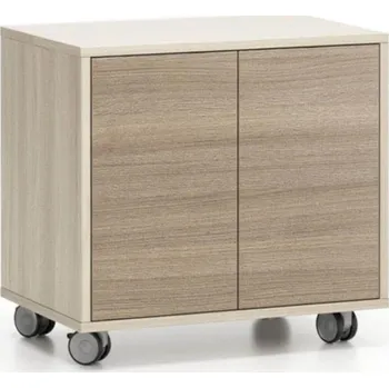 Policová skříň B2B Partner Pojízdná skříňka na kolečkách s dveřmi LAYERS, krátká, 600 x 400 x 575 mm, dub přírodní / dub mořený