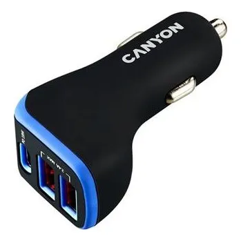 CANYON auto nabíječka C-08, 1xUSB-C (PD 18W) + 2xUSB-A, vstup 12V-24V,výstup 5V-2.4A, Smart IC,CE,RoHS - černo fialová - CNE-CCA08PU