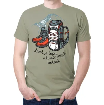 Pánské tričko Turistické tričko - Život je lepší v turistických botách, Barva látky sv. khaki, Střih Dámsky, Velikost Dětské 134cm/8let