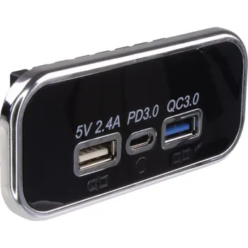 USB 2.4A + QC3.0 + USB-C zásuvka 12/24V, chromový rámeček