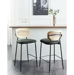 Sada 2 barových židlí tmavě zelené polyesterové čalounění přírodní ratanový vídeňský výplet opěradlo černé kovové nohy stoličky bez područek Beliani