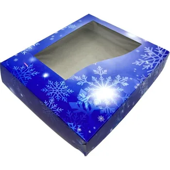 Dárková krabička Vánoční krabička modrá vločka s průhledným okénkem na 1 kg cukroví 25x15x5 cm