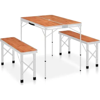 Zahradní sestava vidaXL Marketos Skládací kempingový stůl se 2 lavicemi hliník hnědý