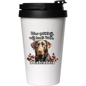 Cestovní nerezový hrnek s potiskem Kafe a labrador hnědý