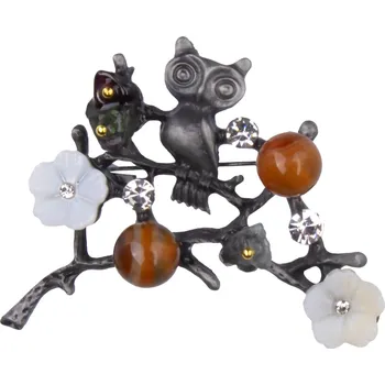 Brož Brož- sova na větvičce, s korálky a zirkony, hnědá barva 9001774-1