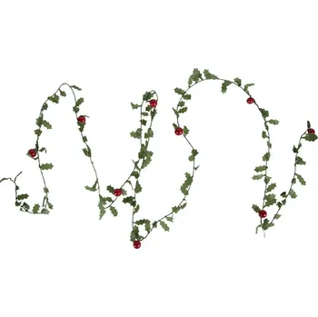 Vánoční dekorace Zelená vánoční girlanda s listy cesmíny a bobulemi - 300 cm